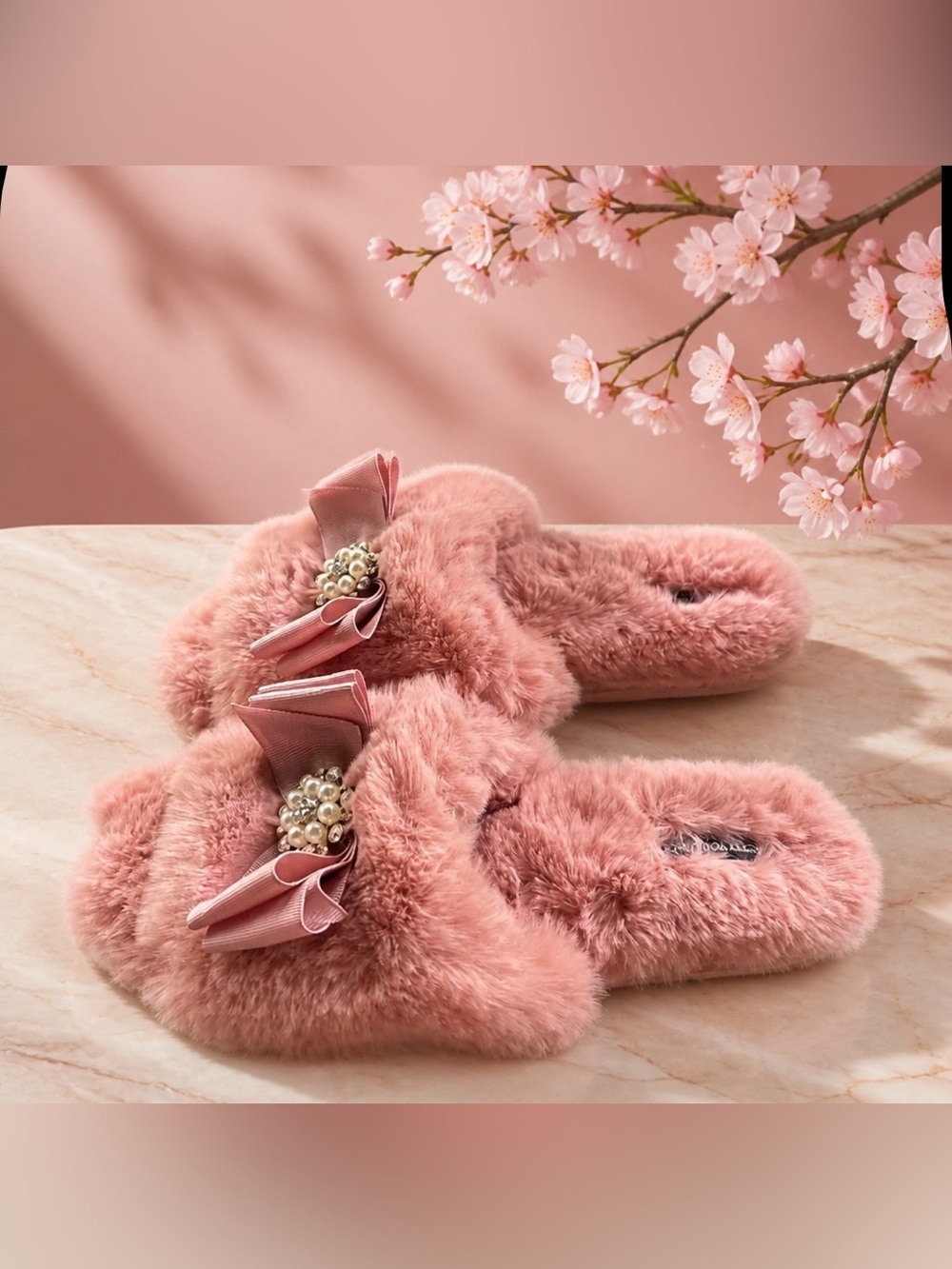 Women's Pink Faux-Fur Slide Slippers with Pearl Bow